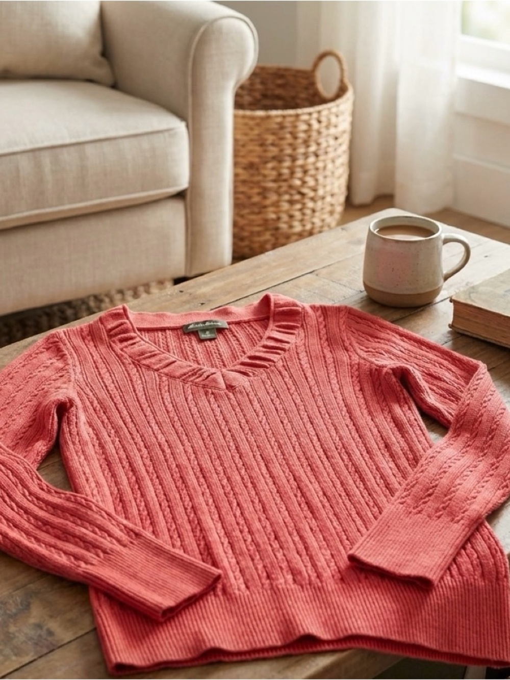 Eddie Bauer Coral V-Neck Cable Knit Sweater